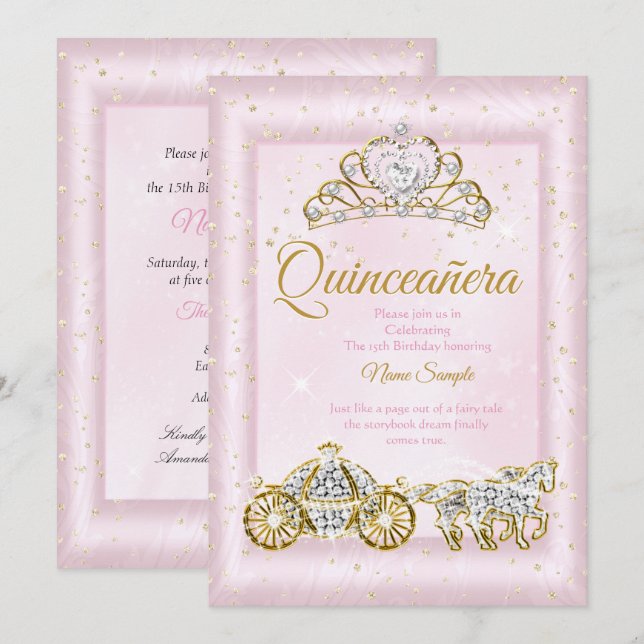 Invitation Quinceanera Cinderella Blush Rose Carrières (Devant / Derrière)
