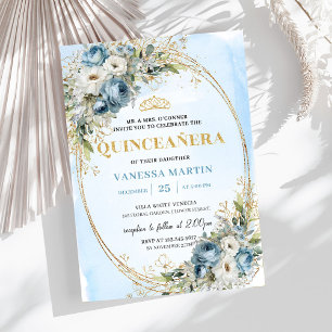Invitation Quinceañera Classique Bleu Poussiéreux Vert Foncé