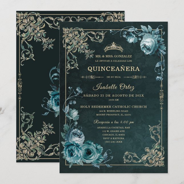 Invitation Quinceañera Color Esmeralda y oro (Devant / Derrière)