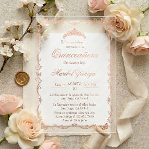 Invitation Quinceañera Couronne papillon rose or
