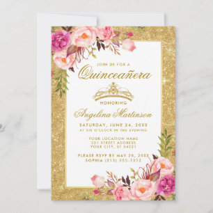 Invitation Quinceanera Couronne rose Parties scintillant d'or