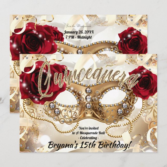 Invitation Quinceañera Crème Quince Gold Masquerade Party (Devant / Derrière)
