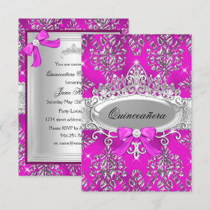Invitation Quinceanera Damask Diadème Argent Rose