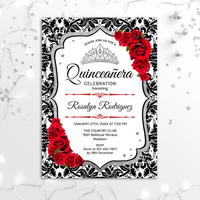 Invitation Quinceanera - Damask Red Silver (Créateur téléchargé)