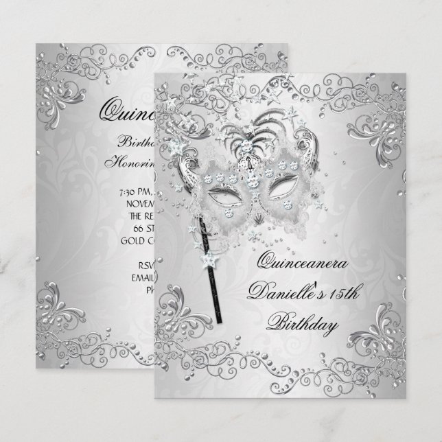 Invitation Quinceanera d'argent 15e anniversaire Masquerade (Devant / Derrière)
