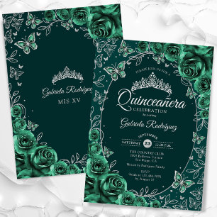 Invitation Quinceanera d'argent vert émeraude