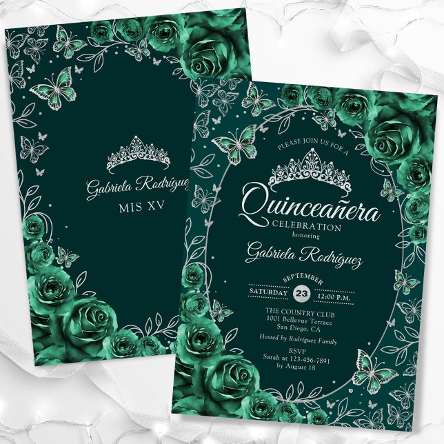 Invitation Quinceanera d'argent vert émeraude (Créateur téléchargé)