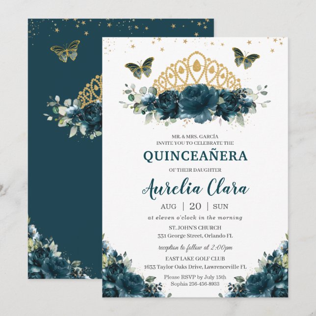 Invitation Quinceañera Dark Turquoise Floral Papillons Couron (Devant / Derrière)