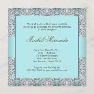 Invitation Quinceanera de dentelle d'argent bleu Turquoise
