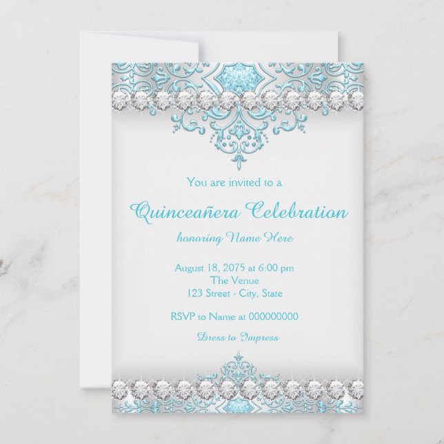Invitation Quinceanera de diamants turquoise et argent (Devant)