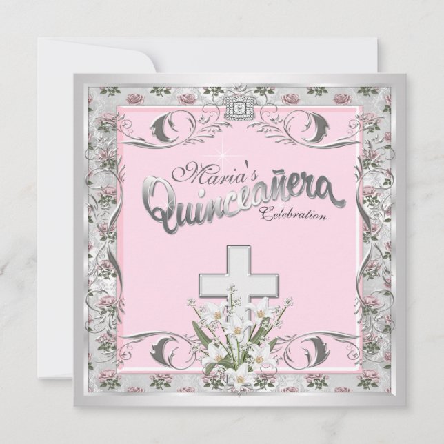 Invitation Quinceanera de la croix de rose (Devant)