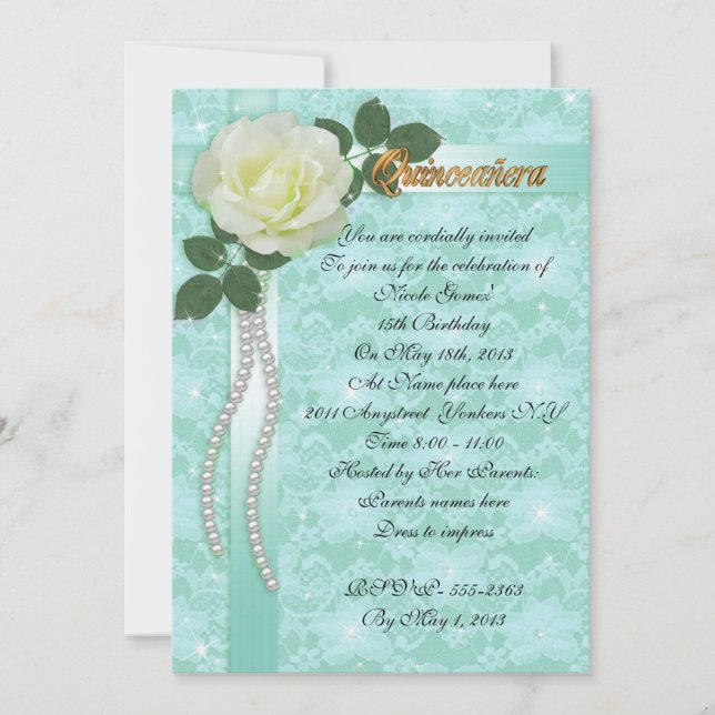 Invitation Quinceanera Dentelle d'invitation et rose blanche (Devant)