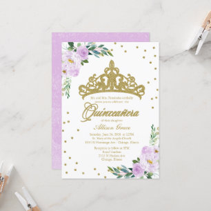 Invitation Quinceañera Diadème Doré Fleurs Lilas