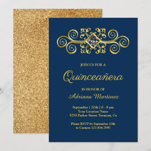 Invitation Quinceanera Diamantée à Fleurissement d'Or sur Fon
