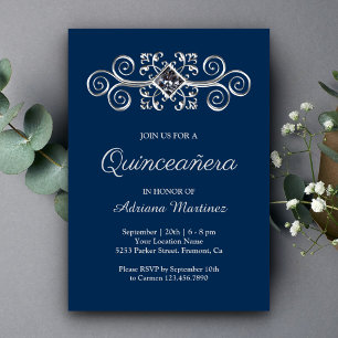 Invitation Quinceanera Diamantée Fleurie Bleu Marine Argent