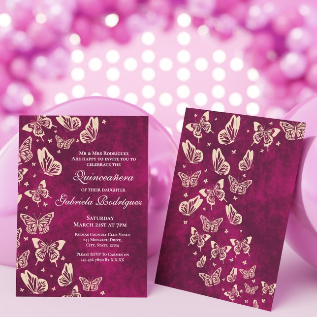 Invitation Quinceañera d'or rose papillon moderne 15ème (Modern Butterfly Pink Gold Quinceañera 15th Party Invitation)