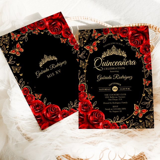 Invitation Quinceanera d'or rouge noir (Créateur téléchargé)