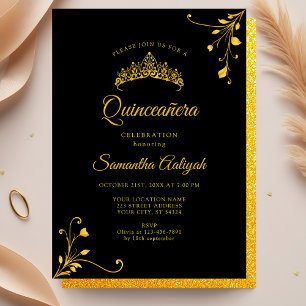 Invitation Quinceanera doré noir moderne minimaliste