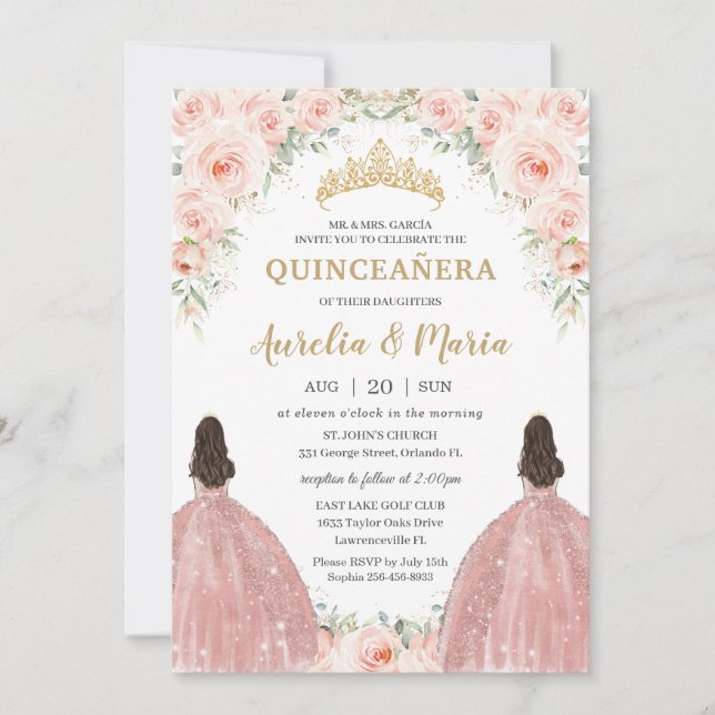 Invitation Quinceañera Doux Blush Floral Rose Fleurs Jumeaux (Devant)