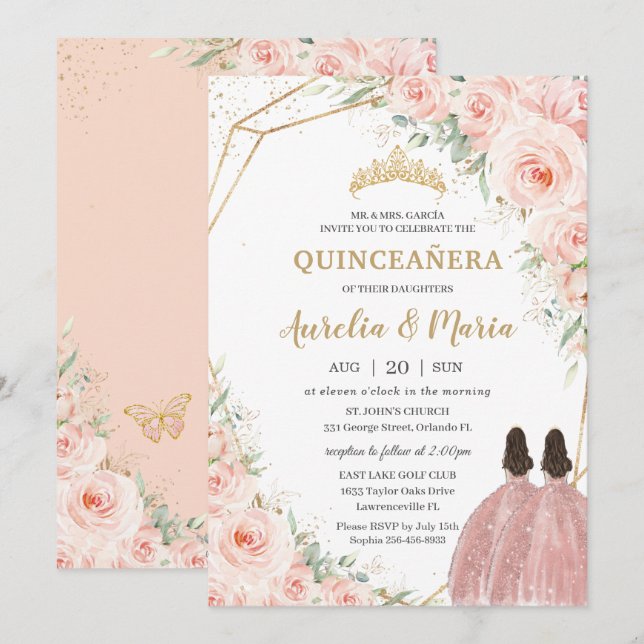 Invitation Quinceañera Doux Blush Floral Rose Fleurs Jumeaux (Devant / Derrière)