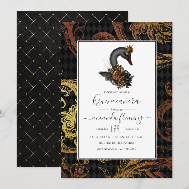 Invitation Quinceañera du cygne noir (Devant / Derrière)