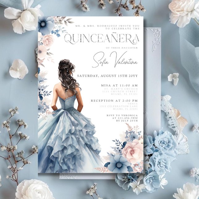 Invitation Quinceañera Dusty Blue Gown rose Floral Brunette (Quinceañera Dusty Blue Gown Pink Floral Brunette Invitation)