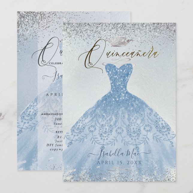 Invitation Quinceanera Dusty Blue+Silver Parties scintillant  (Devant / Derrière)