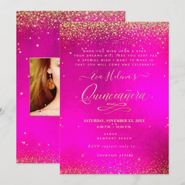 Invitation Quinceañera, Écrit dans la star, Hot PInk (Devant / Derrière)