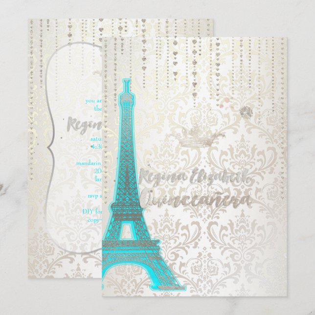 Invitation Quinceanera/Eiffel Blue/Princesse/Couronne (Devant / Derrière)