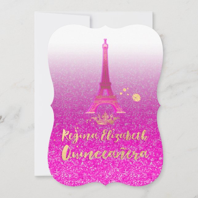 Invitation Quinceanera/Eiffel/Neon Rose/Princesse/Couronne (Devant)