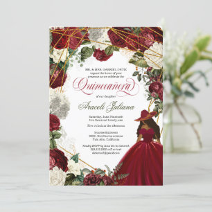 Invitation Quinceanera élégant charro bordeaux blanc floral