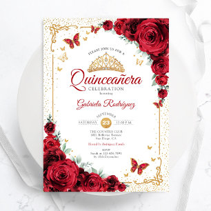 Invitation Quinceanera Elegant Chic Red Roses Or