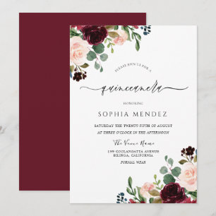 Invitation Quinceanera élégant : Fleurs de vin rouge Bourgogn