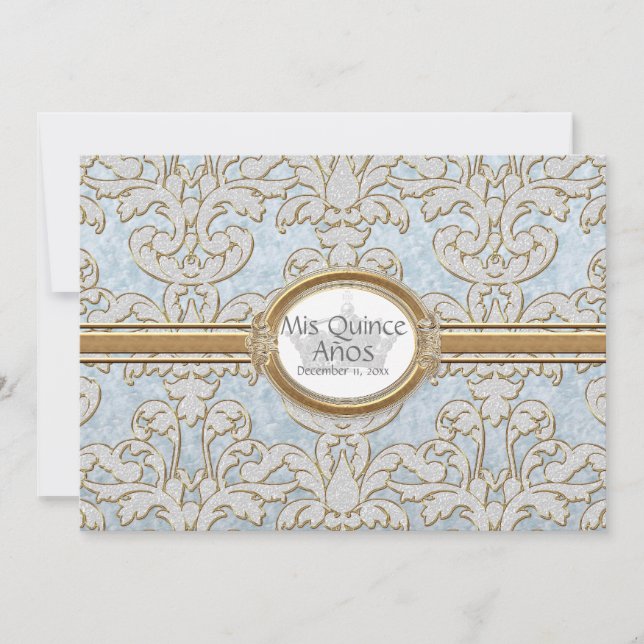 Invitation Quinceanera - Elégante feuille florale Damas baroq (Devant)