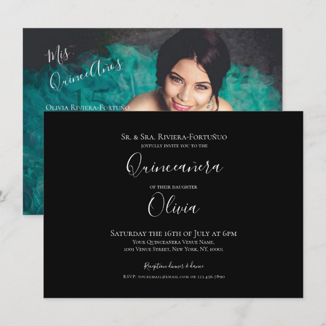 Invitation Quinceanera Elégante Moderne Photo 15e anniversair (Devant / Derrière)