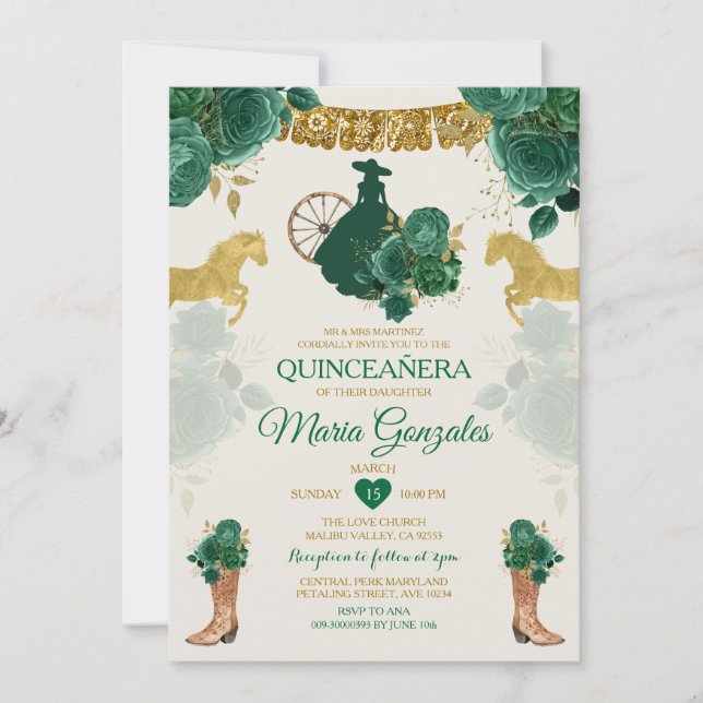 Invitation Quinceañera Emerald Green 16e papillon mexicain (Devant)
