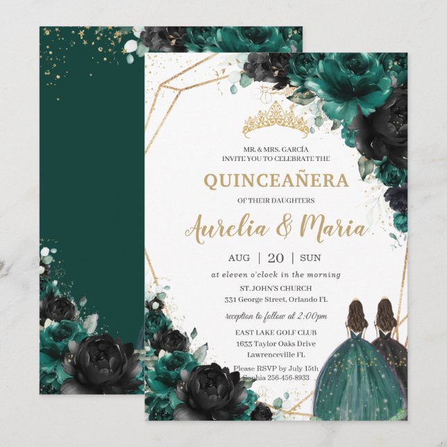Invitation Quinceañera Emerald Green Black Floral Rose Twins (Devant / Derrière)