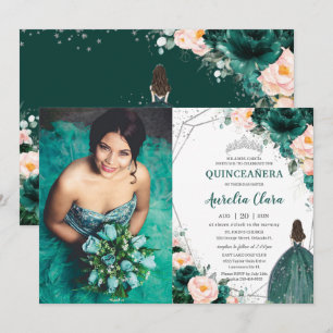 Invitation Quinceañera Emerald Green Blush Floral Princess