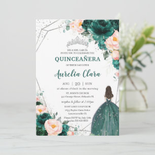Invitation Quinceañera Emerald Green Blush Floral Princess