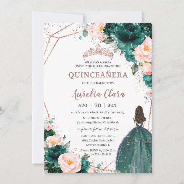 Invitation Quinceañera Emerald Green Blush Floral Rose Gold (Devant)