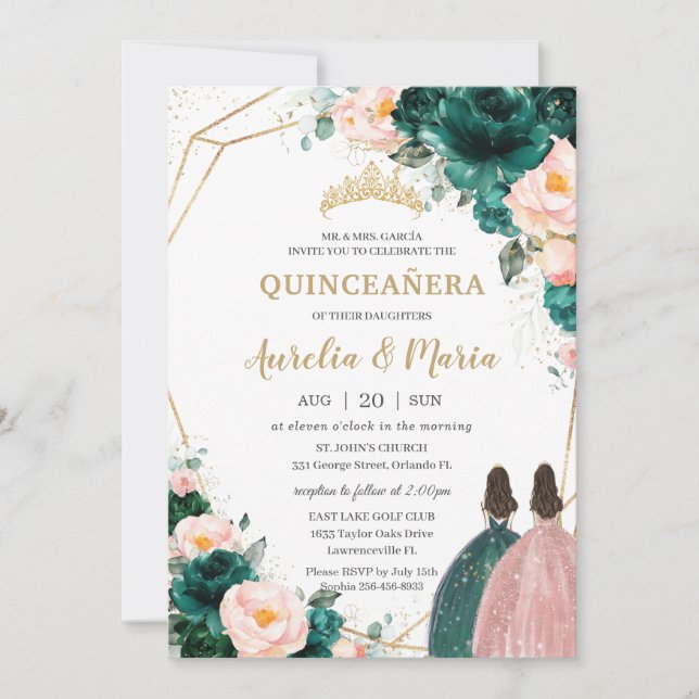 Invitation Quinceañera Emerald Green Blush Floral Twins (Devant)