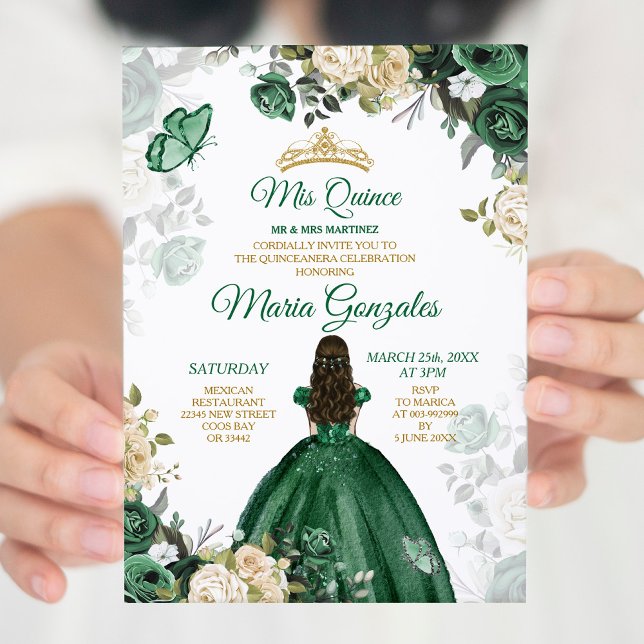 Invitation Quinceañera Emerald Green Butterfly Gold Crown (Créateur téléchargé)