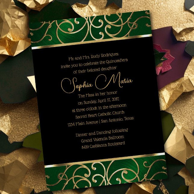 Invitation Quinceañera Emerald Green et Gold Filigree (Créateur téléchargé)