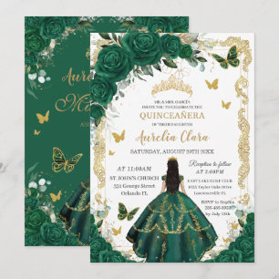 Invitation Quinceañera Emerald Green Floral Black Hair Gold