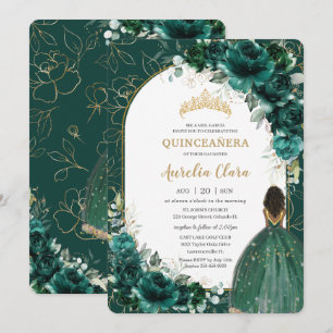 Invitation Quinceañera Emerald Green Floral Brown Princesse