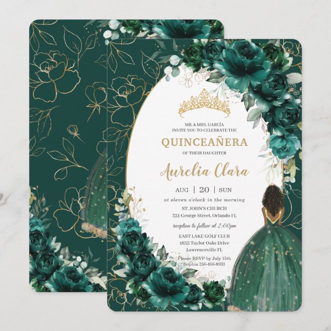 Invitation Quinceañera Emerald Green Floral Brown Princesse (Devant / Derrière)