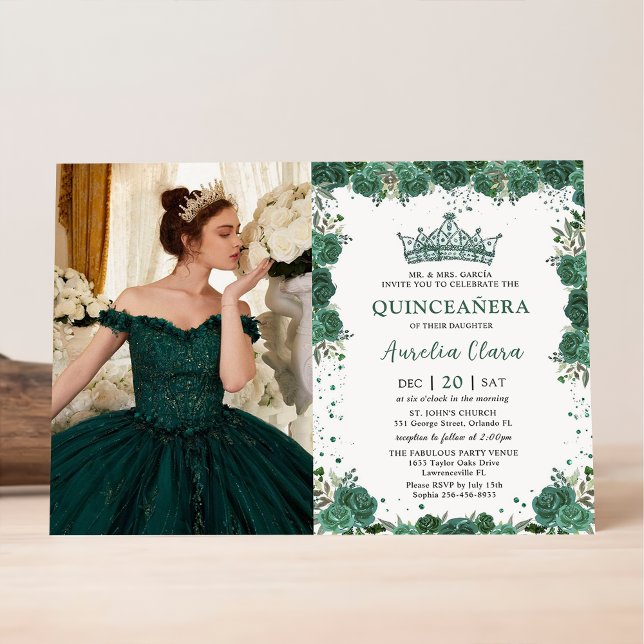 Invitation Quinceañera Emerald Green Floral Crown Anniversair (Créateur téléchargé)