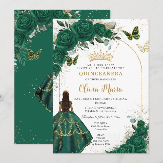 Invitation Quinceañera Emerald Green Floral Gold Butterflies (Devant / Derrière)