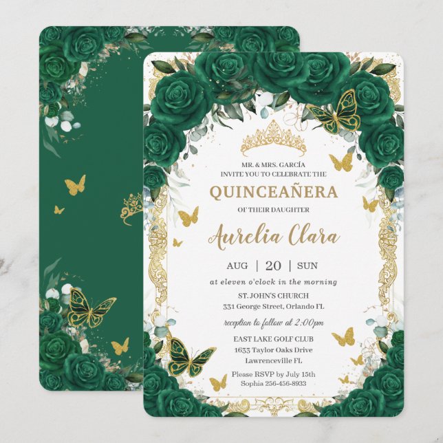Invitation Quinceañera Emerald Green Floral Gold Butterflies (Devant / Derrière)