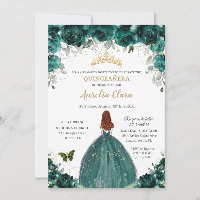 Invitation Quinceañera Emerald Green Floral Gold Princess (Devant)